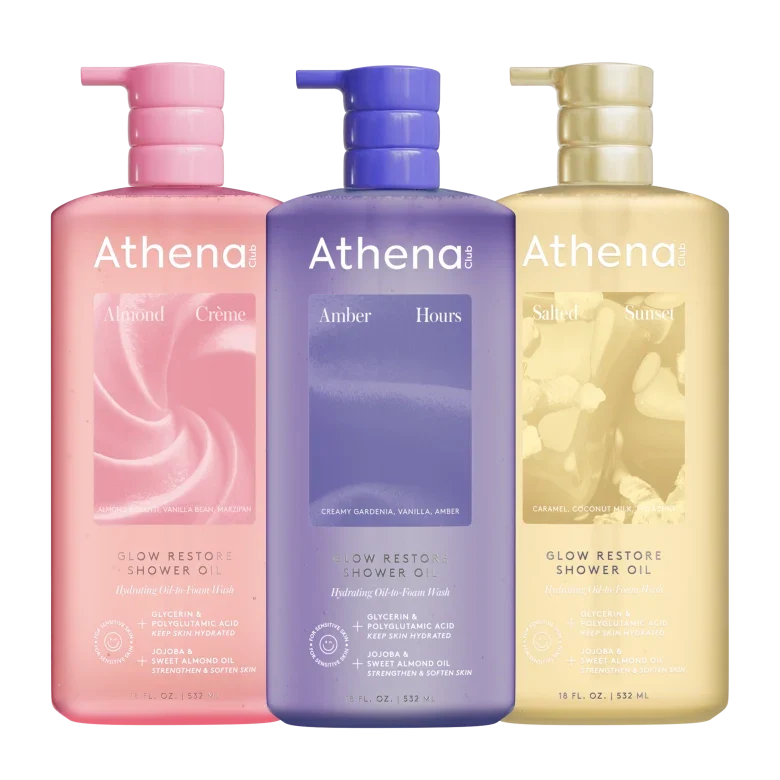 Glow Restore Shower Oil Trio U0 Almond Creme, Amber Hours, Salted Sunset